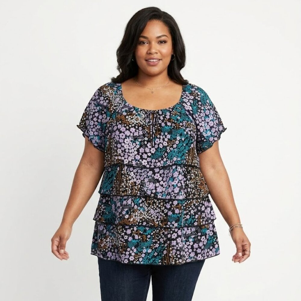 DRESS BARN BRAND Women's Multi-Color Black, Lavender & Blue Ruffle Blouse - XL